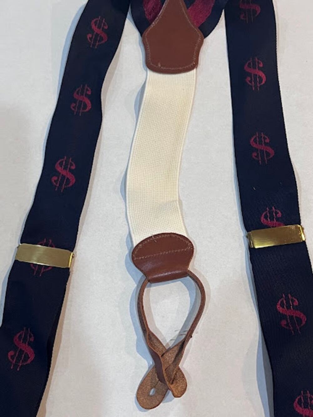 Trafalgar Suspenders Braces Silk Dollar Signs Navy Red Brown Leather Vintage